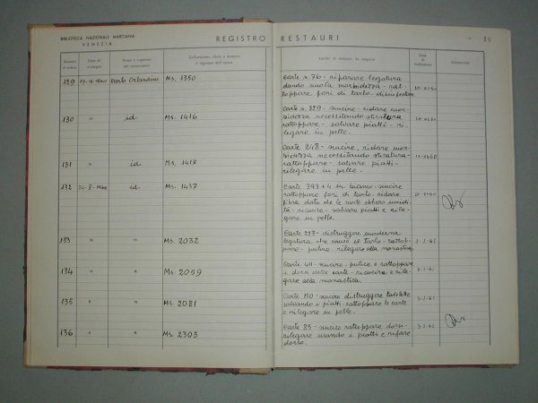 Foto 3: registro del Restauro materiale bibliografico,  vol. I.
